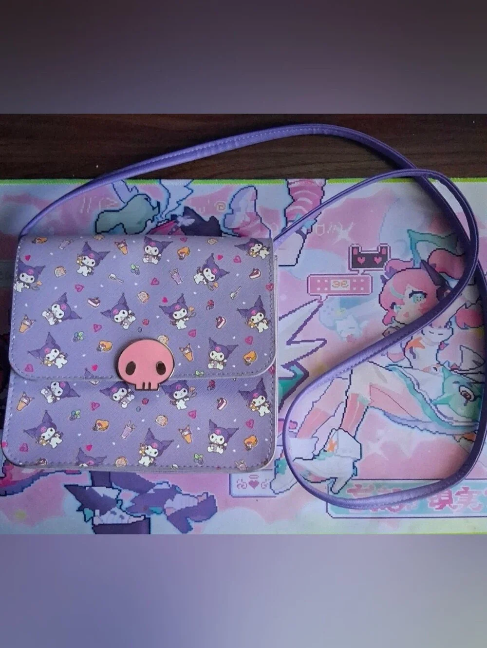 Bioworld Purple Kuromi-Style Kids Crossbody Bag with Pink Skull Clasp